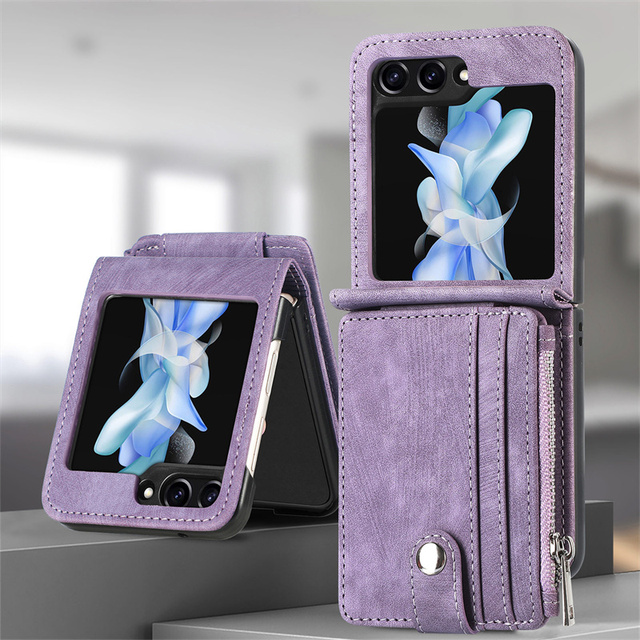For Samsung Z Flip 6 5 4 Luxury Leather Zipper Wallet Mobile Phone Case With Detachable Wallet Kickstand Shockproof Phone Cover