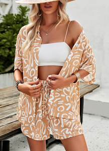 Conjunto de ropa de salón de 2 piezas con estampado informal <span class=keywords><strong>XS</strong></span> para <span class=keywords><strong>mujer</strong></span>, camisas de manga corta, pantalones cortos para primavera, verano, oficina en casa, adecuado al por mayor - Product Image 5
