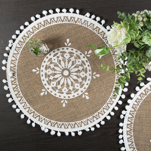 <b>Round</b> Jute Placemat With <b>White</b> Tassel Edge Natural Color For Home <b>Table</b> Decor - Product Image 1