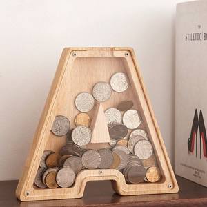 Caja de dinero con letras de madera, lata de ahorro transparente con diseño en inglés, regalo creativo para vacaciones y solución de almacenamiento de dinero - Product Image 1