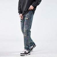 Jean Rétro Déchiré YUANBOFEI pour Homme – Pantalon Slim Droit Tendance avec Broderies Personnalisées et Patchs Effilochés