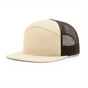 Hoge Kwaliteit Custom 7 Panelen Vlakte Platte Rand Sport Snapback Caps Mesh Trucker Hoed Baseball Cap