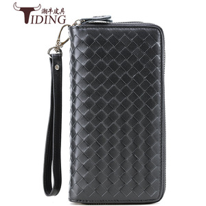 Tiding Woven Leather <b>Long</b> Wallet Double Zipper Unisex Clutch <b>Bag</b> Black 4009-2 - Product Image 2