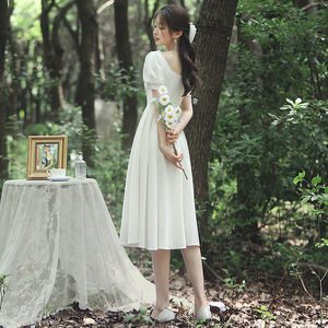 White Satin A-Line Wedding Dress Square Collar Natural Waistline For Marriage Registration Bridesmaid Dress X079 - Product Image 3