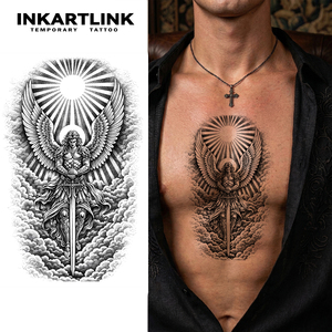 INKARTLINK Autocollant de <span class=keywords><strong>tatouage</strong></span> semi-permanent personnalisé à base de plantes, motif Archange Michel, pour poitrine et corps, résistant à l'eau, dure 1 à 2 semaines - Product Image 1