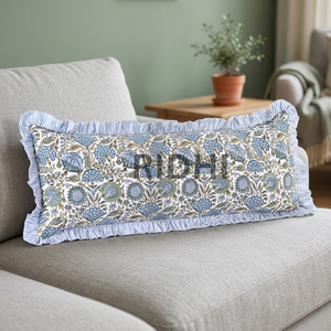 RIDHI 20x54 Long Lumbar <b>Pillow</b> Cover Floral Ruffle Cotton Sham Customizable Block Print Removable Washable for Back <b>Decor</b> - Product Image 2