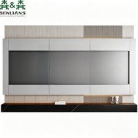 Meuble mural TV flottant de luxe SLS avec panneau média réfléchissant, incrustation en pierre cannelée, rétroéclairage LED et console longue