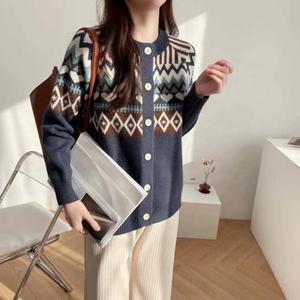 Vintage Jacquard Crewneck Sweater Women's Cardigan Spring and Autumn New Loose Ethnic Style Sweater Coat Women's <strong>Top</strong> - Product Image 4