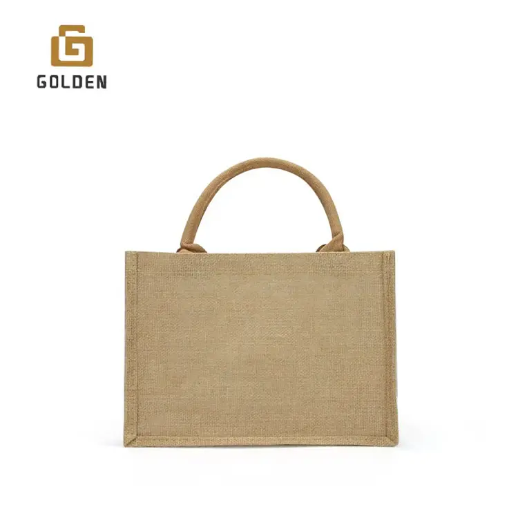 Altın moda özel Logo baskı çanta kullanımlık seyahat kolu hediye alışveriş ürün Tote jüt çanta jüt çanta üretici
