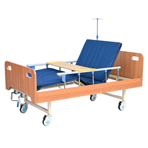 Lit d'hôpital manuel Jiheng en bois avec structure en acier inoxydable, barrières latérales et roulettes - Product Image 1