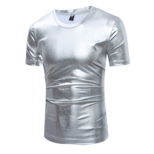 T-shirt da uomo cool con rivestimento dorato metallizzato, manica corta, girocollo, maglietta da uomo per discoteca, lucida, dorata, hip hop. - Product Image 3