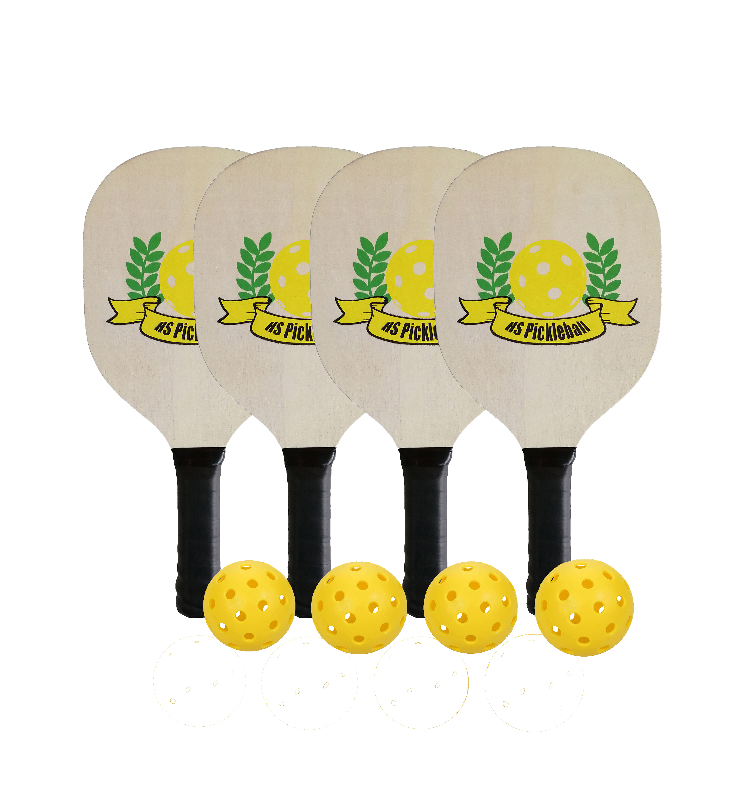 USAPA Approved wood pickleball set of 4 wooden pickleball paddles and 4 balls