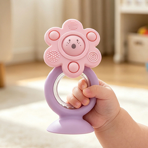 Mordedor de silicona con ventosa y sonajero de flor sin BPA para bebés, juguete sensorial giratorio para niños - Product Image 1
