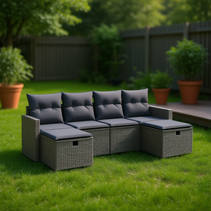 Set Divano da Giardino Moderno in Rattan a 4 Posti con Contenitore, Design Contemporaneo, Grigio, in Vimini, Sezionale per Esterni - Product Image 2