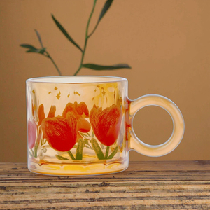 Mug en verre haut de gamme de 400 ml avec poignée, style américain, couleur personnalisée, imprimé avec un beau motif de tulipe pour mariage - Product Image 5