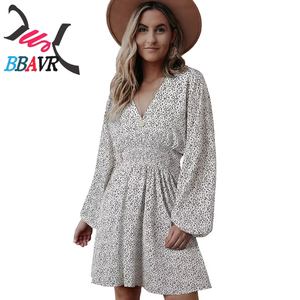 European and American <b>Style</b> Women S Pullover Vneck Dress With Long Sleeves and Pleated Waistband - Product Image 3
