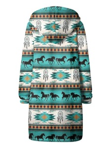 Áo Khoác Len Aztec Dài Màu Cam Và Ngọc Lam, Khăn Lau Bụi Mùa Đông, Có Mũ Cho Phụ Nữ <span class=keywords><strong>T</strong></span>ây Nam - Product Image 2