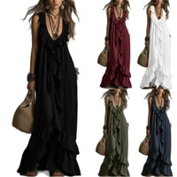Robe longue de printemps décontractée bohème urbaine à col en V sans manches et à volants, collection transfrontalière Europe-Amérique 2026