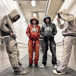 カスタムストリートウェアスウェットスーツフレアジョガーセットヒップポップスウェットパンツとビンテージ酸ウォッシュジップアップパーカーセット男性用 - Product Image 3