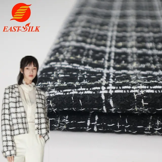 High quality Wholesale stock lot fabric cloth polyester woven silver Boucle tweed fabric woolen price for clothing