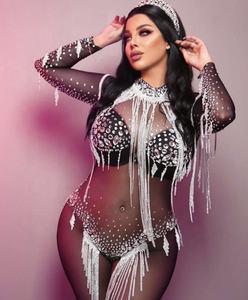 Novance Y2103 Vêtements pour femmes Tendance Sexy Tassel Diamond See Though Stretchy Jumpsuit Transparent Black Dress for Singer Dance - Product Image 3