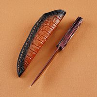 Couteau à lame fixe en acier de Damas avec manche en bois coloré, couteau droit d'extérieur avec étui en cuir pour collection et camping