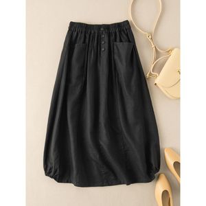 Women's A-line <b>Skirt</b> High Waist <b>Elastic</b> Waist Loose Fit With Pockets Flax Fabric Daily Wear Army Green - Product Image 3