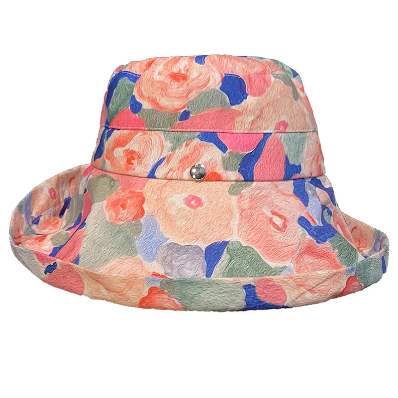 Custom LOGO INS Style Women Outdoor Sunshade Fishing Hat Fashion Printed Oil Painting Style Flowers Vocation Bucket Hat