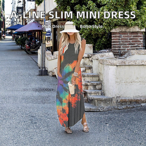 Versatile Elastic Waist <b>Boho</b> <b>Summer</b> Print Washed A-line Slim-fit Sleeveless Mini <b>Dress</b> - Product Image 2