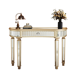 Half-Moon Mirrored Modern Durable Console Table Fluted Glass <strong>Crystal</strong> <strong>Knob</strong> Drawer Silver Living Room Vanity Desk (<strong>Gold</strong>+Silver) - Product Image 1