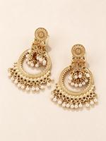 Anting-anting Jhumka India Antik Berlapis Emas, Anting-anting Gantung Bulat, Anting-anting Bohemian dengan Mutiara dan Rumbai untuk Wanita