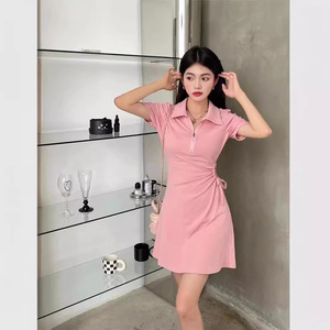 Polo Collar Dress Women Summer 2024 Pink Solid Color Drawstring Waist Cinching Casual Daily Wear Short Skirt - Product Image 4