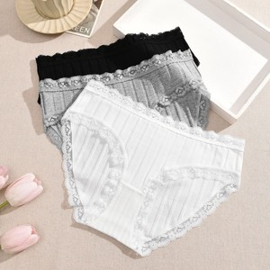Wholesale Solid Color Panties Soft Vertical Strip Cotton Full Lace Waist &amp; <strong>Leg</strong> <strong>Opening</strong> Mid Rise Daily <strong>Women</strong> Underwear - Product Image 4