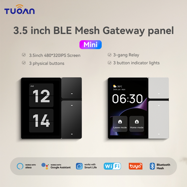 Tuya Smart Home 3.5inch Central Control Panel TPP06 WiFi Three-way Key Switch Built-in Infrared Remote Control Function Panel