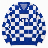 Pull en tricot surdimensionné à col en V en fil de soie filé, design tendance, broderie en tissu éponge bleu roi, pour banquet d'anciens étudiants et société grecque