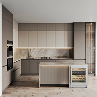 Îlot de cuisine moderne de luxe personnalisé en panneaux de mélamine et placage de bois massif, ensemble complet d'armoires de rangement pour villa