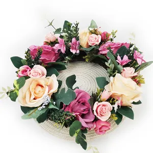 Bureau d'hôtel rose guirlande pour décor à la maison fleur de soie artificielle rose guirlande d'eucalyptus verdure rose couronne