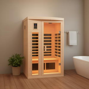 Sauna infrarouge lointain en bois d'hemlock pour deux personnes avec porte avant à faible EMF et panneau de commande informatique, construction en bois massif, intérieur U - Product Image 2