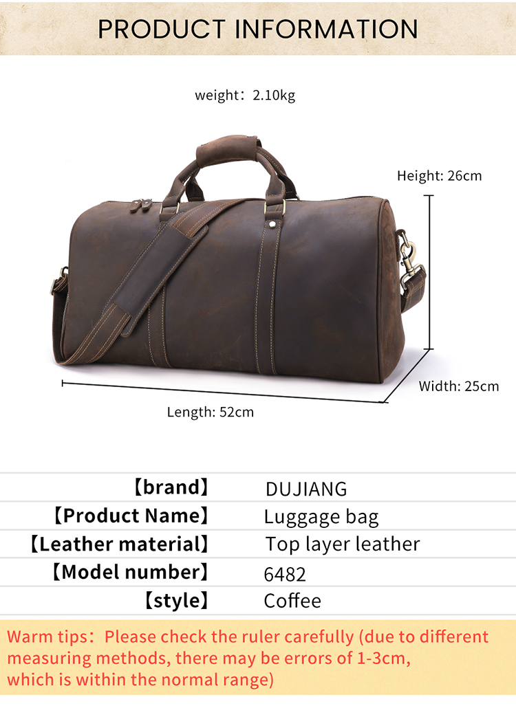 Custom Vintage Leather Men Travel Bag Weekender Overnight Duffle Luggage Bag Large Capacity Crazy Horse Leather Travelling Bag