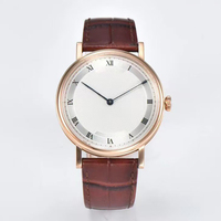 Montre pour homme en cuir marron, nouveau style, exquise, automatique, ultra fine, avec cristal saphir, aiguilles noires, boîtier doré, cadran blanc guilloché