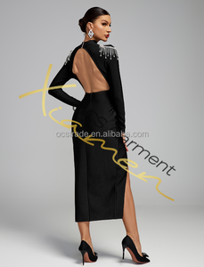 Rayon 2024 güz uzun kollu zarif kokteyl elbise Rhinestone yan yarık Backless seksi siyah bayanlar bandaj elbise - Product Image 6