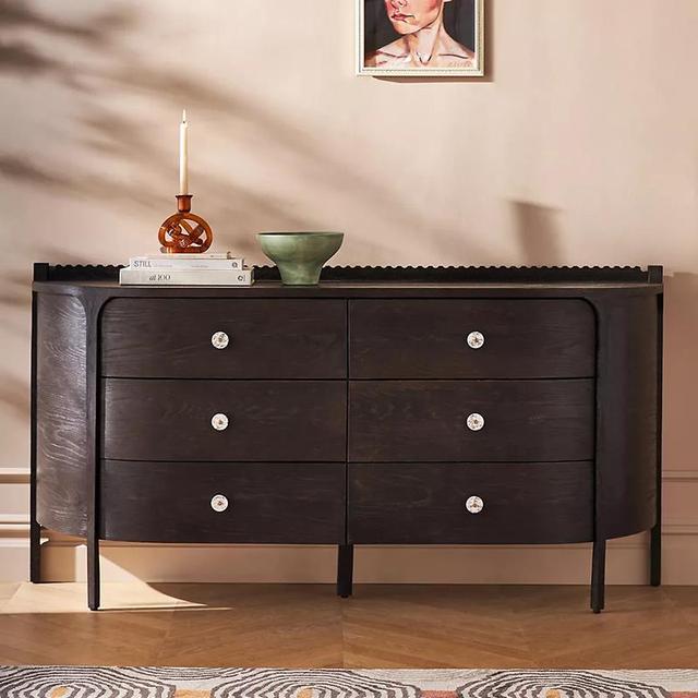 Luxury Modern Black Oak Panel 6-Drawer Dresser with Crystal Knobs-Contemporary Storage Cabinet for Bedroom Bathroom & Apartment