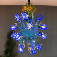 Lustre en verre artisanal bleu à fleurs pour villa de luxe, lampe suspendue d'intérieur
