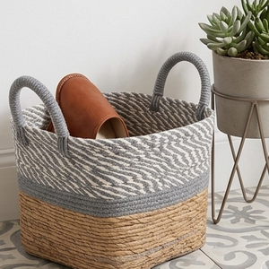 Natural Water Hyacinth Storage Basket Handcrafted Woven Towel Holder Bathroom Organizer <b>Bin</b> With Contrast Gray Handles - Product Image 6