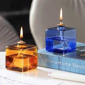 עיצוב הבית קטן פמוט זכוכית פנסים פנסים פנסים בעבודת יד בהיר ענבר כחול צבעוני מרובע גבוה בורוסיליקט מנורת שמן זכוכית - Product Image 3