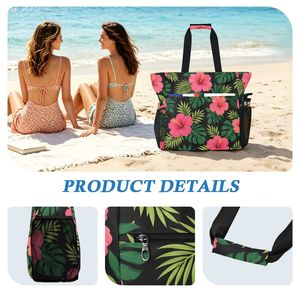 Bolsa de Playa de Verano con Estampado de Flores Hawaianas Personalizada para Mujer, Cierre de Cremallera, Forro de Poliéster, Bolsa de Viaje Portátil de Gran Capacidad - Product Image 6