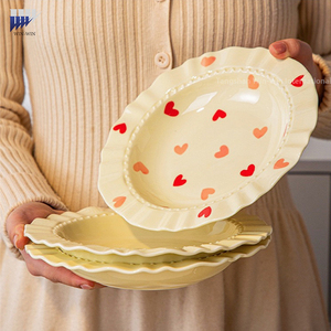 Màu kem trái tim mô hình mũ rơm tấm ren ăn sáng Gốm Bộ đồ ăn rau Khay Gốm - Product Image 5