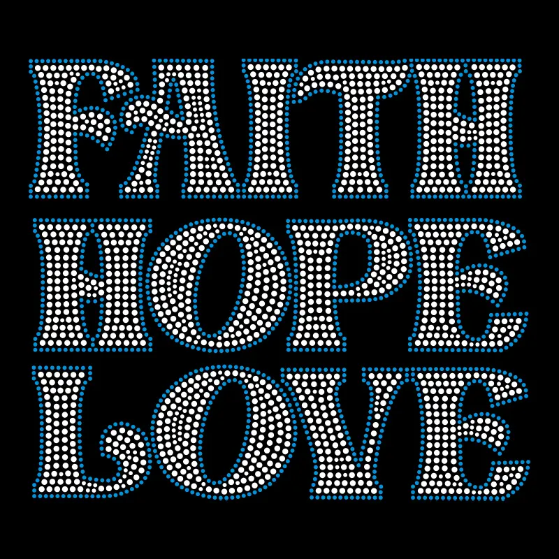 Пользовательские Faith Hope Love дизайн логотипа, сделанный из кристаллов для футболок, одежда, толстовка, блестящая простыня, стразы, термоусаживает