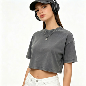 T-shirt court pour femme, coupe épaules tombantes, délavé, personnalisable avec logo, vente en gros OEM, vêtements de sport pour femme, haute qualité, meilleure vente - Product Image 1