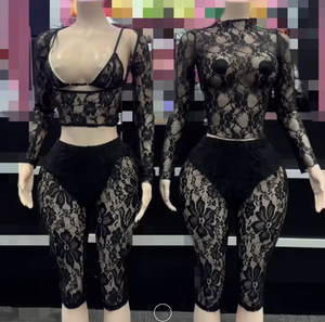 Peeqi剪裁玫瑰蕾丝透视网眼长袖裁剪上衣和裤子休闲派对俱乐部穿性感女性2件套街装 - Product Image 1